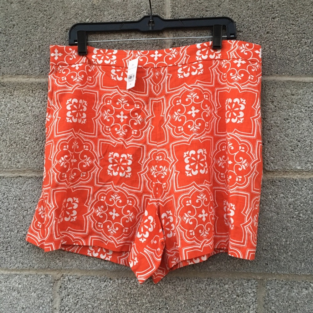 Ann Taylor Shorts Linen Blend Flat Front Side Zip Orange White Size 14 Brand New